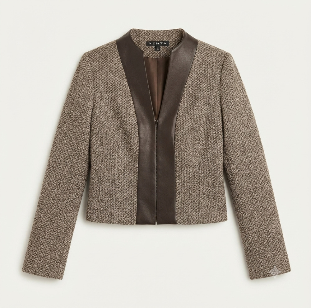 PENTA 100% Wool Tweed Jacket Genuine Leather Trim Open Front Blazer 6 Luxury